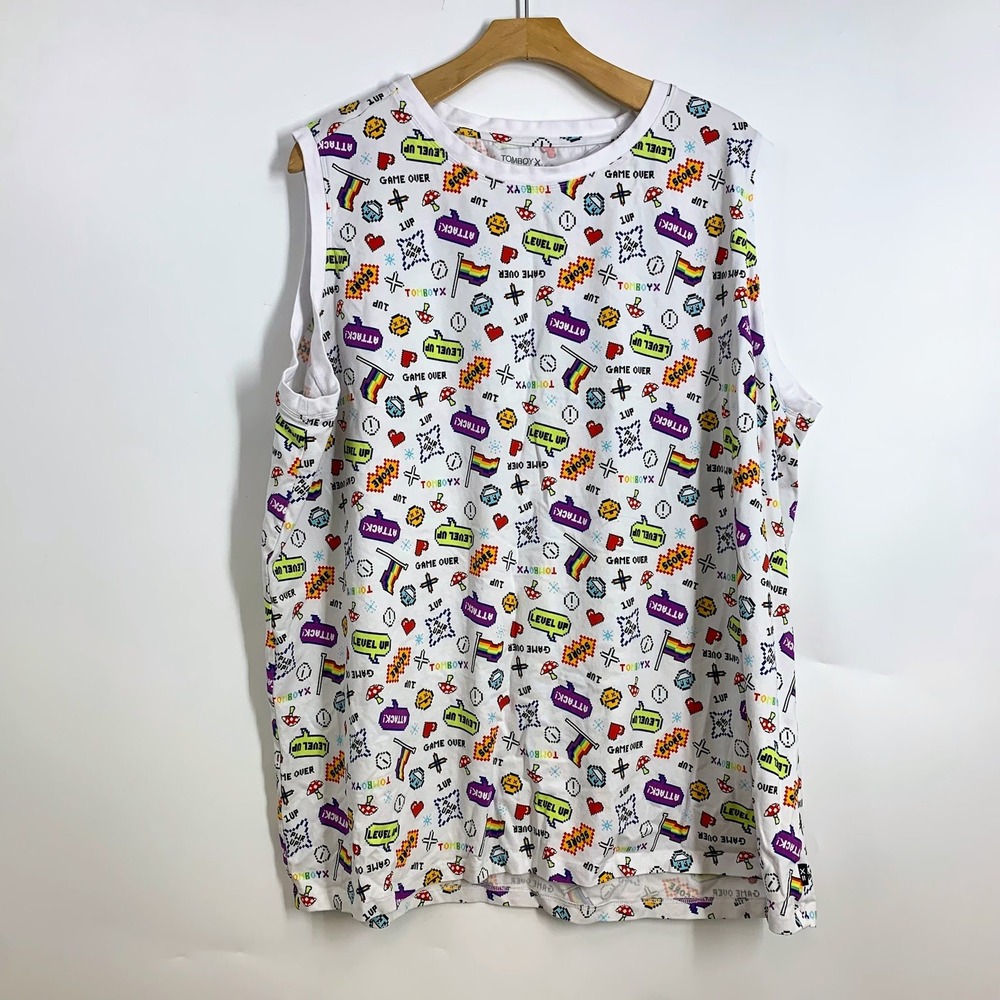 TomboyX Rainbow‎ Pixel Game Over Graphic Tank Top Sleeveless White Multicolor